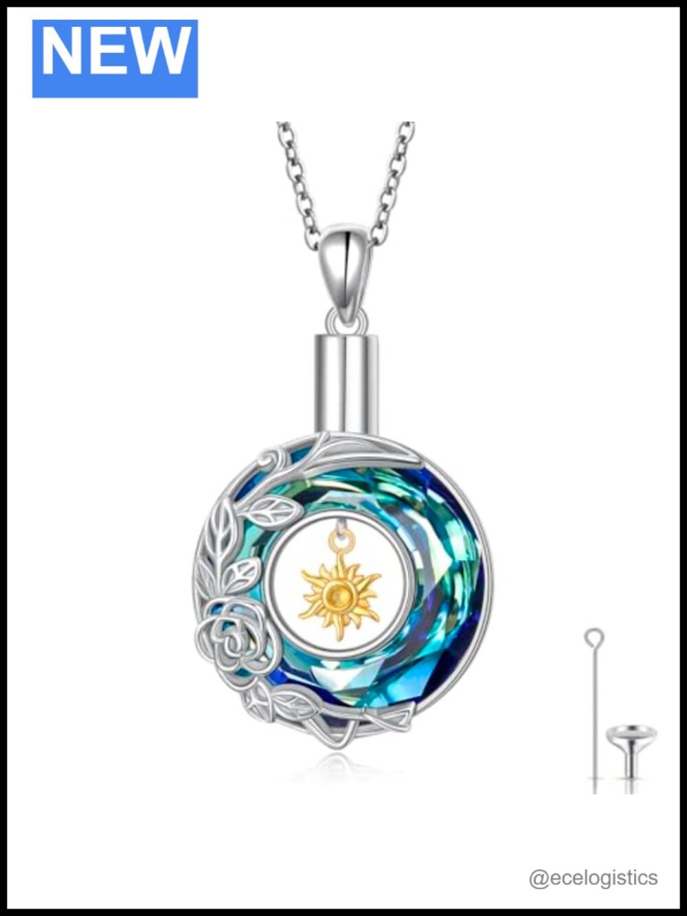 Moon Sun Rose Urn Necklace 925 Sterling Silver Ashes Memorial Pendant